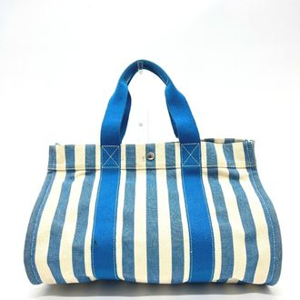 Herm&egrave;s Blue White Yellow Canvas Handbag Pouch Tote Bag (Pre-Owned)