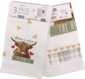TJ Hughes 3pk Highland Herd Tea Towels - TJ Hughes White