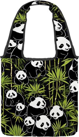 Generic Cute Cartoon Panda Reversible Canvas Shoulder Tote - Double-Sided Print, 12oz Cotton, 27cm Drop, Fold-Flat Bag for Travel, Shopping, Street Outings
