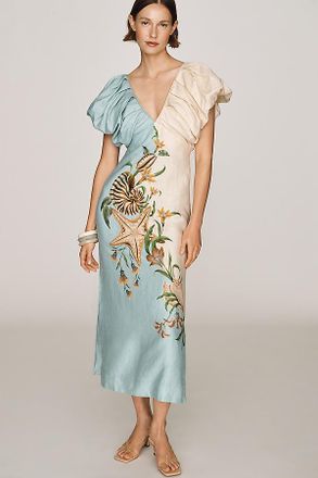 Farm Rio Marine Garden 100% Linen Midi Dress