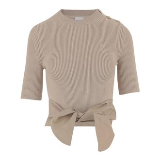 Patou Round-neck Knitwear, female, Beige, Size: XS Cotton blend T-shirt with bow detail