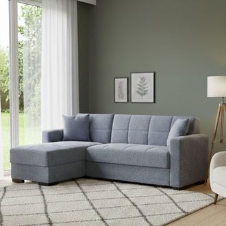 Dmora Sof&aacute; Cama Fernando, Sof&aacute; Cama Rinconera Con Pen&iacute;nsula Reversible, Sof&aacute; Contenedor Para Sal&oacute;n Con Chaiselongue Y 2 Cojines, Cm 230x150h81, Gris, Con Em