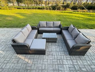 Fimous Rattan Lounge Sofa Set 10 Seater Outdoor Garden Furniture Set with Rectangular Coffee Table 3 Seater Sofa Big Footstool in Dark Grey