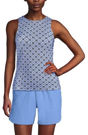 Lands End High Neck UPF 50 Modest Tankini Top Swimsuit in Lake Blue Geo Floral at Nordstrom, Size 16