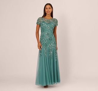 Adrianna Papell Hand Beaded Short Sleeve Floral Godet Gown In Jade