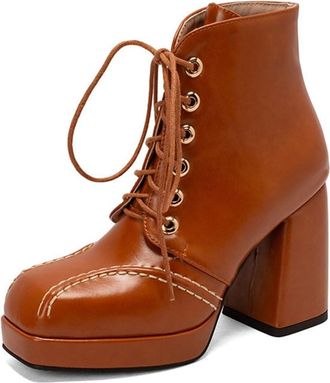 Generic Womens Lace Up Block Heel Short Booties Square Toe Platform Fashion Winter Ankle Boots (5.5,Brown)