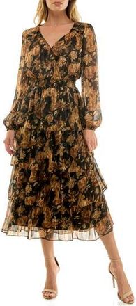 Socialite Floral Long Sleeve Tiered Midi Dress in Black Gold Vintage at Nordstrom Rack, Size Small