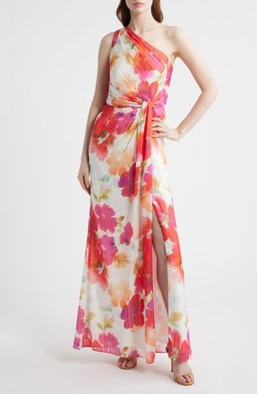 Adrianna Papell Metallic Floral One-Shoulder Gown in Ivory/Coral/Pink Multi at Nordstrom, Size 12
