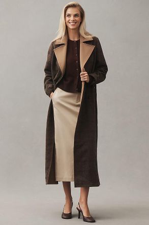 Avec Les Filles Belted Plaid Long Coat Jacket