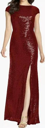 Dessy Cap Sleeve Elle Sequin Dress With Low Cowl Back In Burgundy