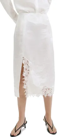 Mango Lace Trim Satin Skirt in White at Nordstrom, Size 2