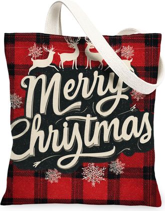 Generic Christmas Plaid Canvas Tote Bags, Rustic Reusable Grocery Bags, Vintage Lightweight Washable Shoulder Strap Canvas for Outdoor Travel Picnic 13x15 Inc