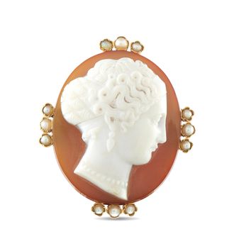 Luxury Bazaar 14K Rose Gold Hardstone Agate and Pearl Cameo Brooch MF02-082426