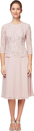 Alex Evenings Womens Tea Length Sequin Mock Dress (Petite and Regular) Special Occasion, Shell Pink, 16