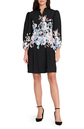 Tahari by ASL Border Belted Puff Shoulder Dress in Black Blue Pink at Nordstrom, Size 8P