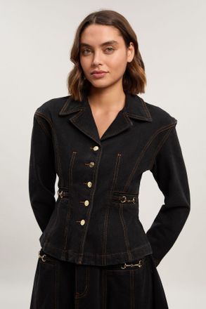 Karen Millen Womens Denim Button Through Nipped Waist Jacket - Black Viscose - Size 14 UK