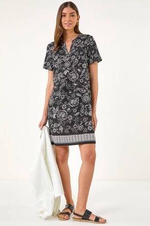 Roman Paisley Print Linen Shift Dress