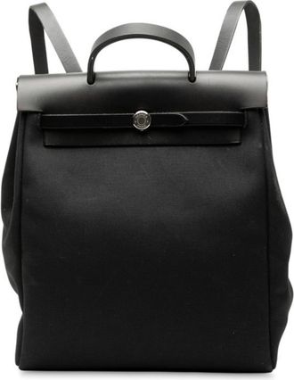 Herm&egrave;s Black Toile Officier Leather Backpack (Pre-Owned)