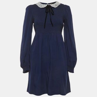 Maje Navy Blue Synthetic Smocked Guipure Collar Mini Dress