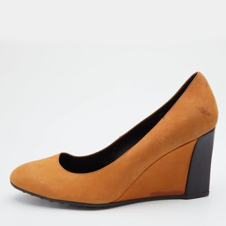 Tod's Tods Brown Nubuck Leather Wedge Pumps