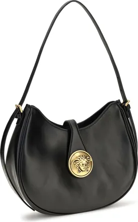 Versace Womens Small Embl&egrave;me Hobo Lambskin Shoulder Bag Black-Gold Calf Leather Bos Taurus Black/gold