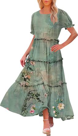 Generic Maxi Dresses for Women UK Puff Short Sleeve Crew Neck Floral Dress Summer Casual Loose Fit Long Dresses Comfy Lounge Beach Holiday Flowy Dress Vacatio