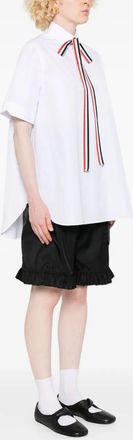 Thom Browne Short Sleeve Blouson Shirt W/ Rwb Grosgrain Bow Tie In Solid Poplin