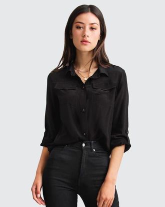 Belle & Bloom Eclipse Rolled Sleeve Blouse in Black at Nordstrom, Size X-Large Au