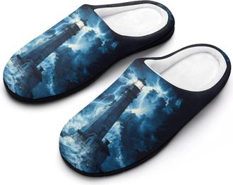 Generic Lighthouse Thunder And Storm Funny Mens Cotton Slippers Soft Non-Slip Rubber Sole House Slipper Indoor Outdoor