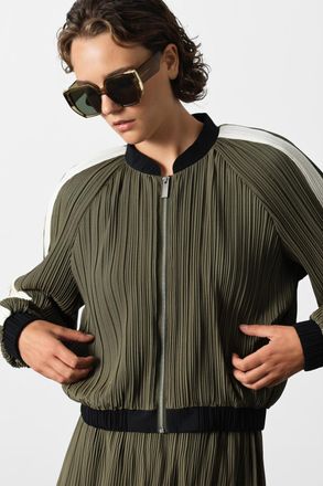 French Connection Womens Khaki Plisse Zipped High Collar Bomber Jacket - Size X-Large