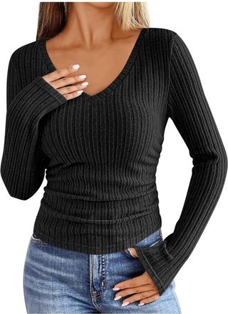 Generic Ladies V Neck Jumpers - Knitted, Ribbed, Long Sleeve, Stretchy Sweater Tops, Plain, Solid Color, Casual Knitwear, Slim Fit Sexy Basic Tee Tops Y2K, Bl