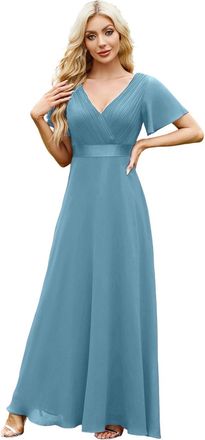 Generic Womens Double V-Neck Short Flutter Sleeves Empire Waist Elegant Chiffon Long Evening Dresses 2617Y