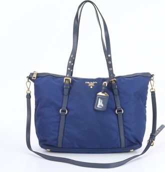 Prada Blue Leather Nylon Handbag Shoulder Bag Tote Bag (Pre-Owned)