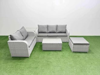 Fimous 6 Seater PE Rattan Wicker Garden Furniture Patio Conservatory Sofa Set w/ Rectangular Coffee Table 3 Seater Sofa Love Sofa Big Footstool Side