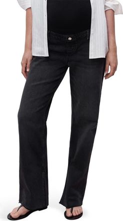 Mango Over the Bump Raw Hem Straight Leg Maternity Jeans in Black Denim at Nordstrom, Size 6