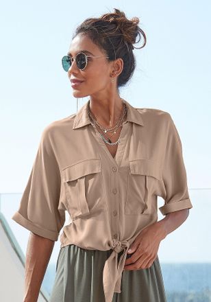 Lascana Kurzarmbluse LASCANA, Damen, Gr. 34, braun (camelfarben), Web, Obermaterial: 100% Viskose, unifarben, figurumspielend h&uuml;ftlang, V-Ausschnitt, Aufschla