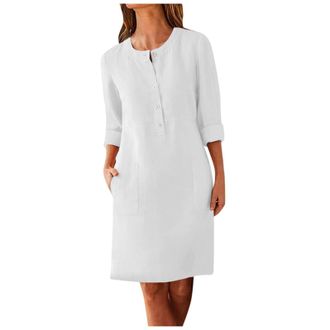 Generic Linen Dresses for Women UK Plus Size Summer Casual Long Sleeve Shirt Dresses with Pockets Button Front Cotton Linen Knee Length Dress Plain Round Neck