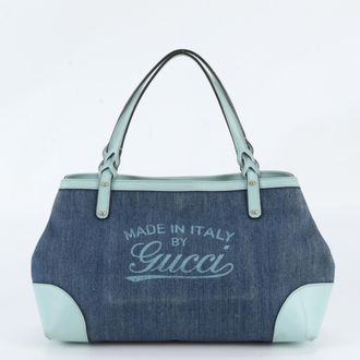 Gucci Blue Leather Canvas Handbag Shoulder Bag Tote Bag (Pre-Owned)