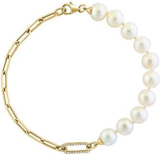 Effy 14K Yellow Gold Diamond Fresh Water Pearl Paperclip Chain Bracelet in 14K Gold at Nordstrom, Size 7.5