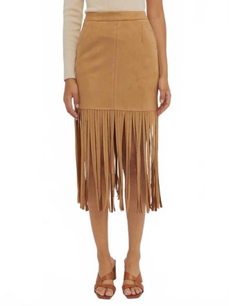 Crescent Fresh In Fringe Vegan Suede Skirt In Tan/beige