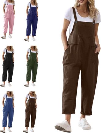 Generic Linen Overalls for Women,Jumpsuits for Women,Adjustable Strap Bib Overalls Baggy Summer Romper with Pockets (brown,M)