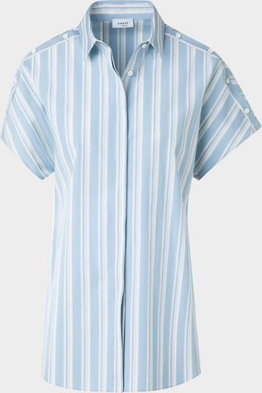 Akris Striped Poplin Short-Sleeve Button-Shoulder Blouse