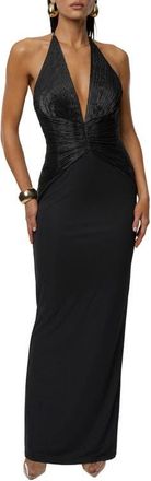 JLUXLABEL Enchanted Plunge Neck Mixed Media Gown in Black at Nordstrom, Size X-Small