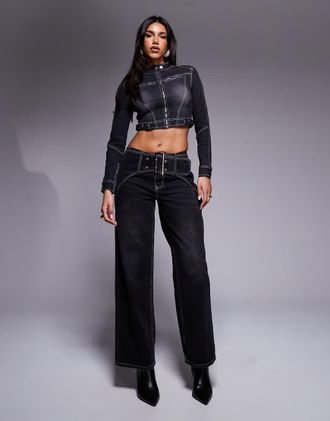 Liquor & Poker Jeans ampi nero slavato con cuciture a contrasto e fibbia