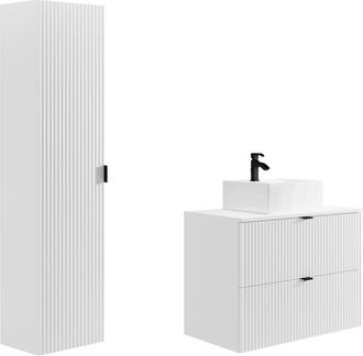 Vente-Unique Mueble de baño suspendido estriado con lavabo sobre encimera y columna - Blanco mate - 80 cm - ZEVINI