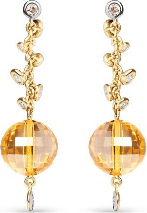 House of Brilliance 18K Yellow Gold 2/3 Cttw Round Bezel Diamond and 25mm Ball Shaped Yellow Citrine Gemstone Dangle Stud Earring