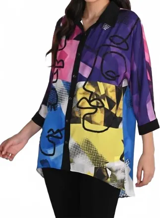 Frank Lyman Design Abstract Jewel Button Closure Blouse In Black/multi