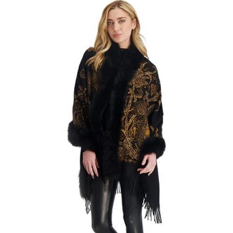 Gorski Double Face Cashmere Stole With Genuine Shearling Trim in Black Gold Paisley at Nordstrom