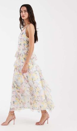 Vero Moda Smilla - Vestito midi con spalline sottili e volant in chiffon rosa e giallo a fiori-Bianco