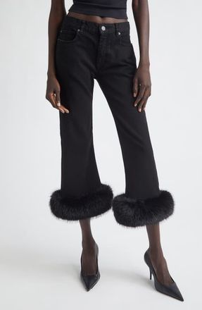 Balenciaga Faux Fur Trim Crop Flare Jeans in 1105 Pitch Black at Nordstrom, Size 28